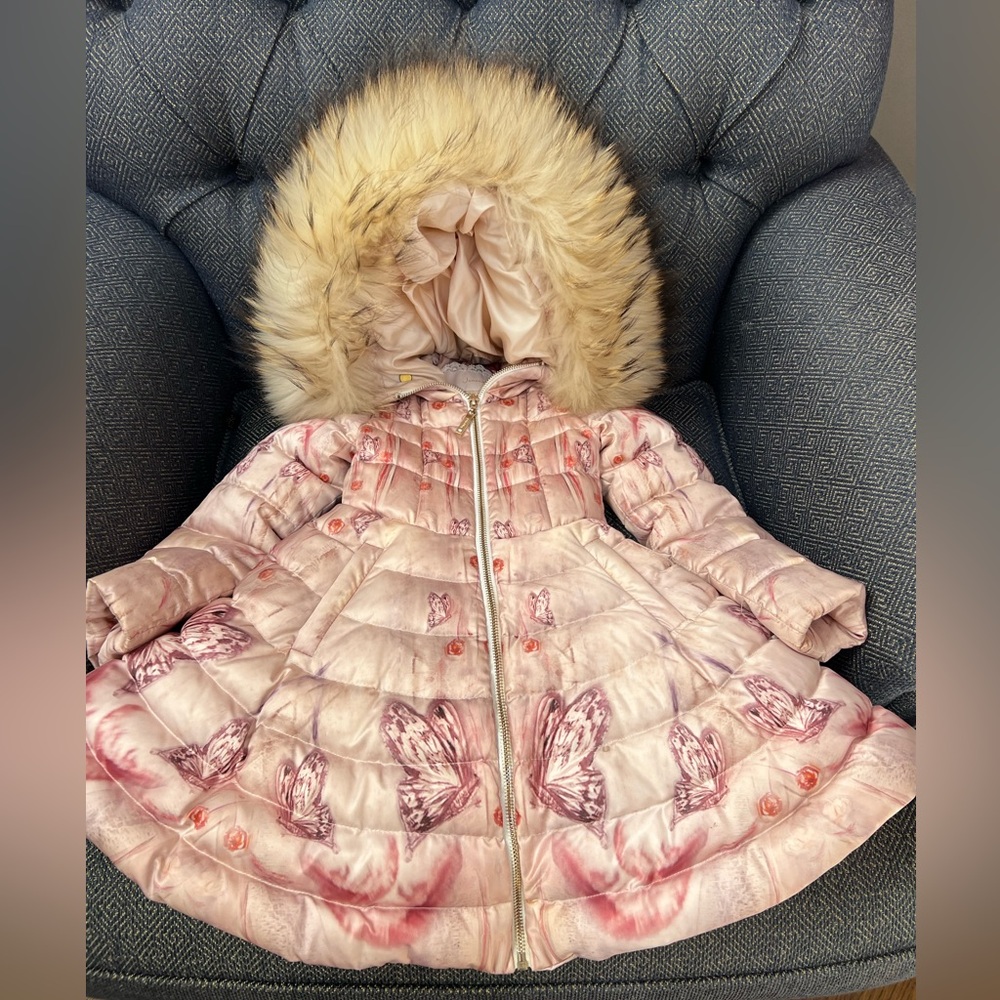 New Junona Charming Pink Butterfly Puffer Jacket with real Fur Hood